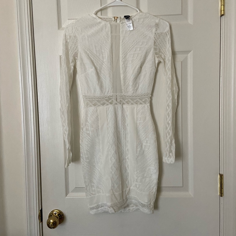 White Sheer Lacy Long Sleeve Mini Dress